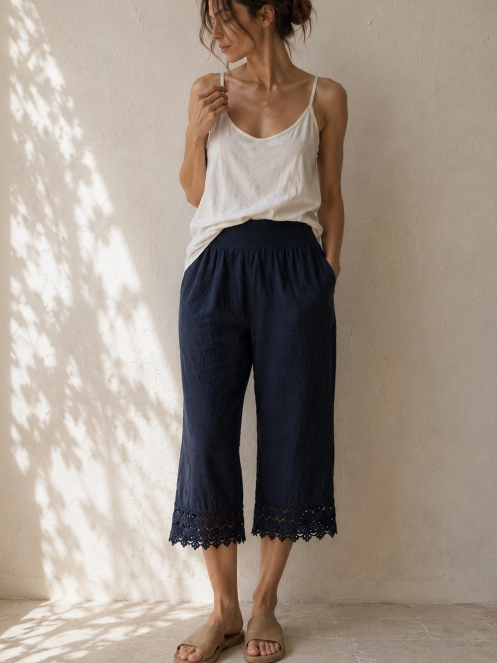 Made in Italy Linen Pants Navy Crochet Lace Hem Pull On Boho Size S